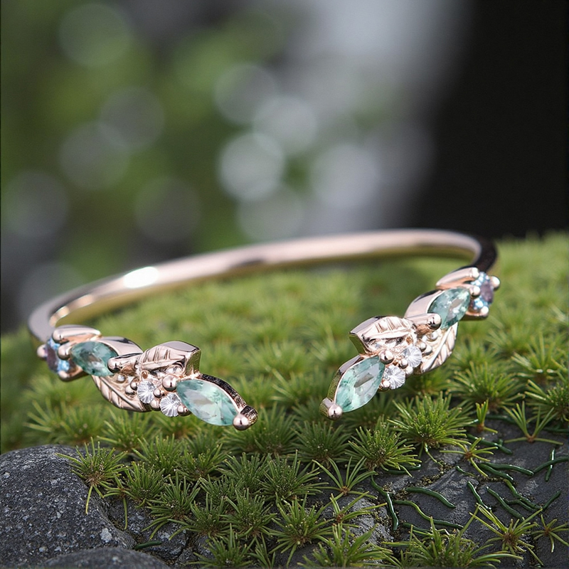 0.2CT Marquise Cut Moss Agate & Round Cut Moissanite S925 Silver Wedding Band