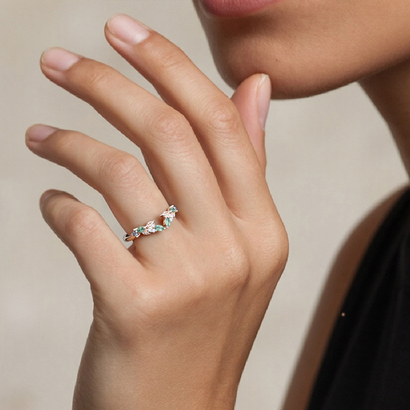 0.2CT Marquise Cut Moss Agate & Round Cut Moissanite S925 Silver Wedding Band