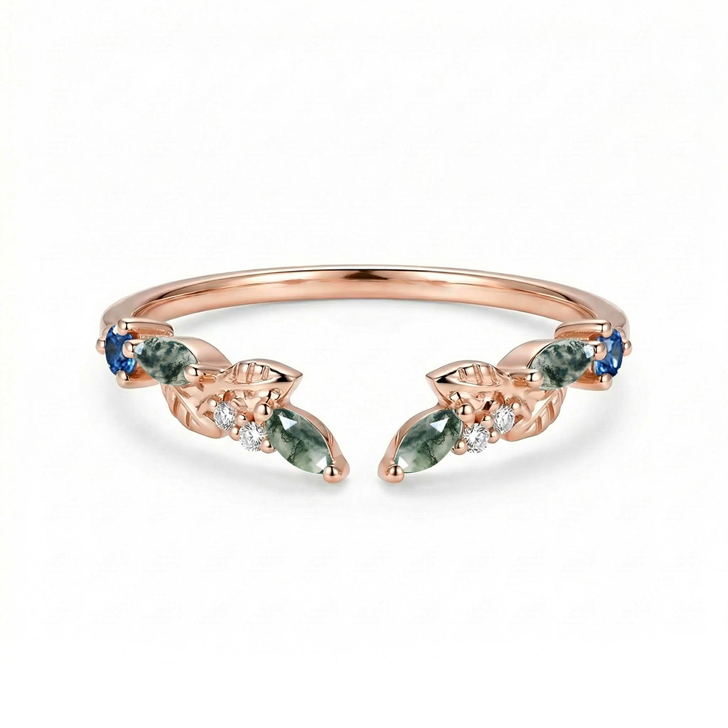 0.2CT Marquise Cut Moss Agate & Round Cut Moissanite S925 Silver Wedding Band