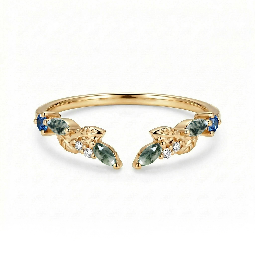 0.2CT Marquise Cut Moss Agate & Round Cut Moissanite S925 Silver Wedding Band