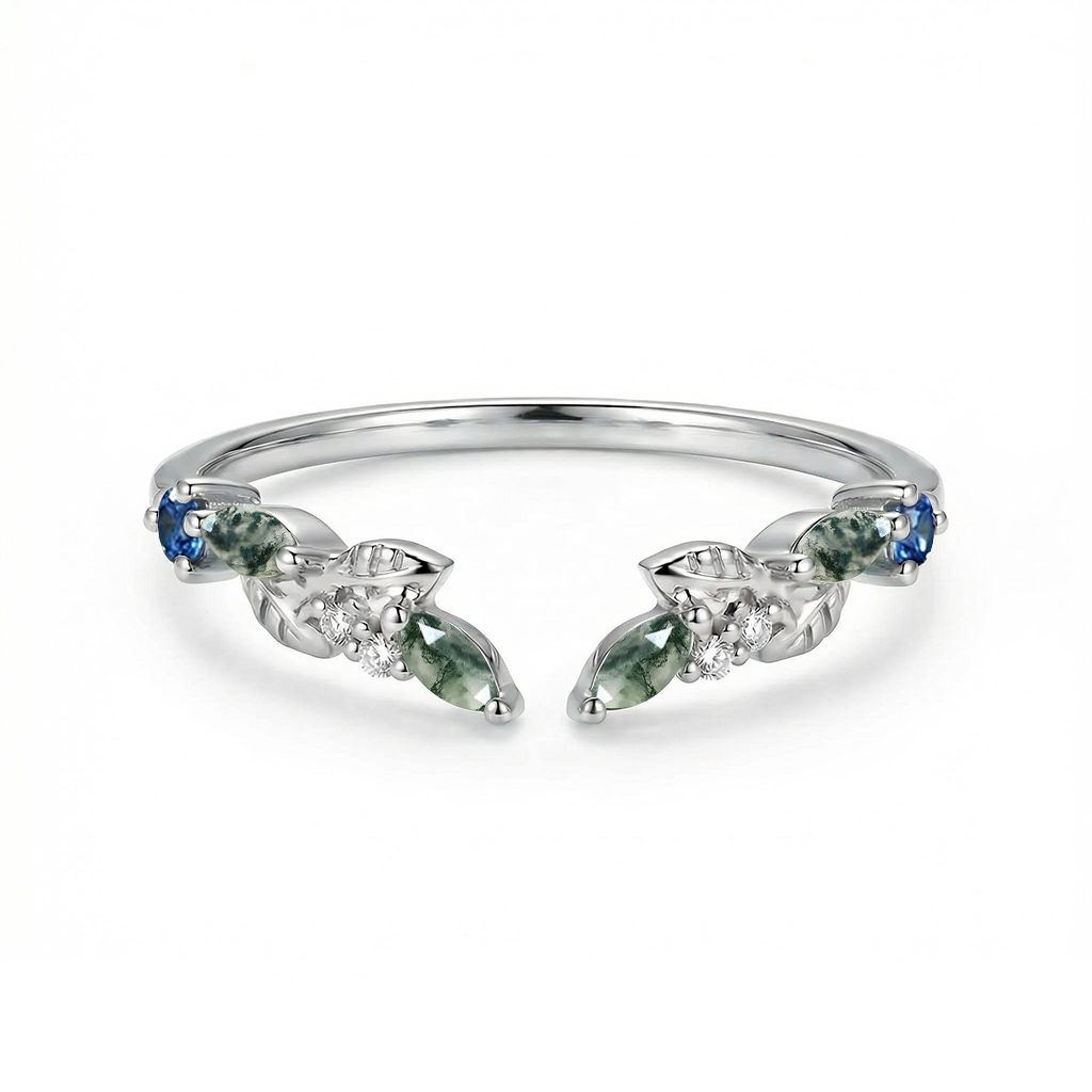 0.2CT Marquise Cut Moss Agate & Round Cut Moissanite S925 Silver Wedding Band