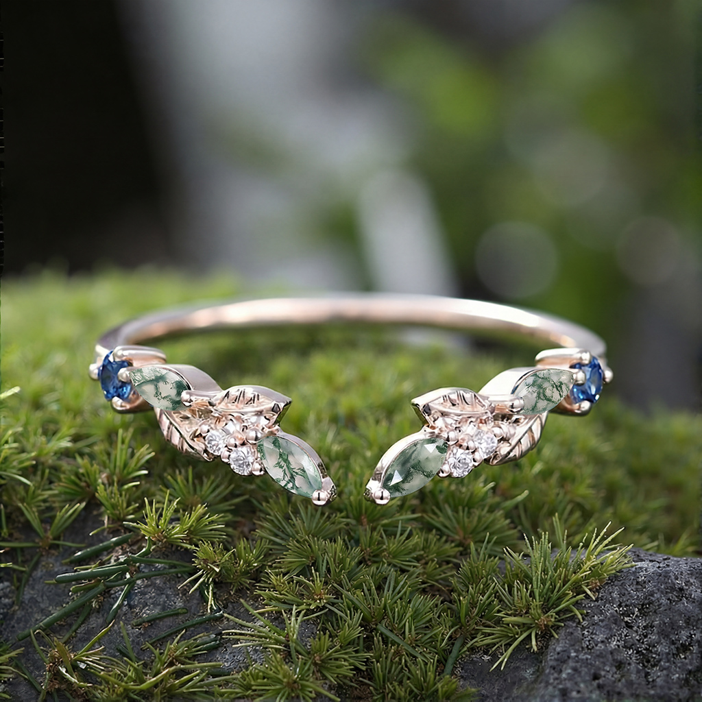 0.2CT Marquise Cut Moss Agate & Round Cut Moissanite S925 Silver Wedding Band