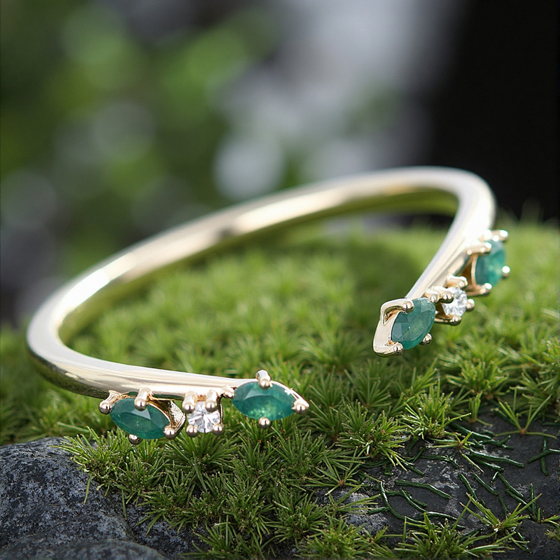 0.2CT Marquise Cut Moss Agate & Round Cut Moissanite S925 Silver Wedding Band