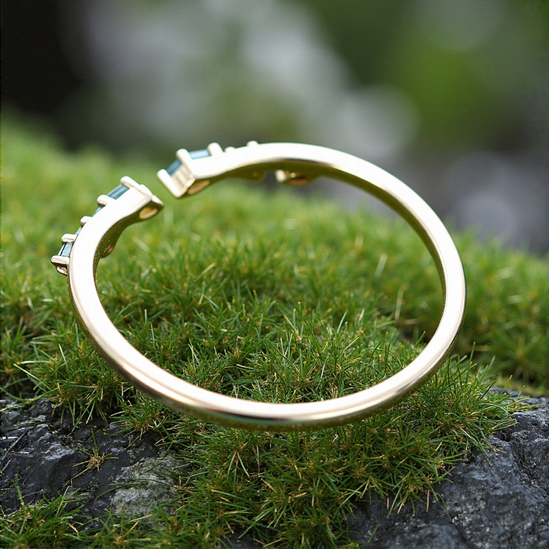 0.2CT Marquise Cut Moss Agate & Round Cut Moissanite S925 Silver Wedding Band