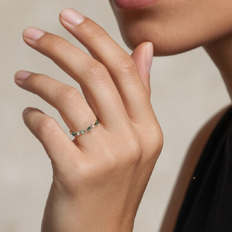 0.2CT Marquise Cut Moss Agate & Round Cut Moissanite S925 Silver Wedding Band