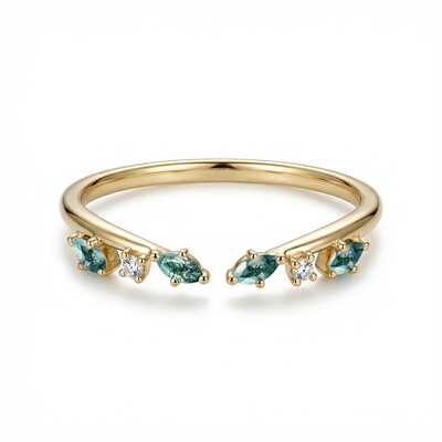 0.2CT Marquise Cut Moss Agate & Round Cut Moissanite S925 Silver Wedding Band