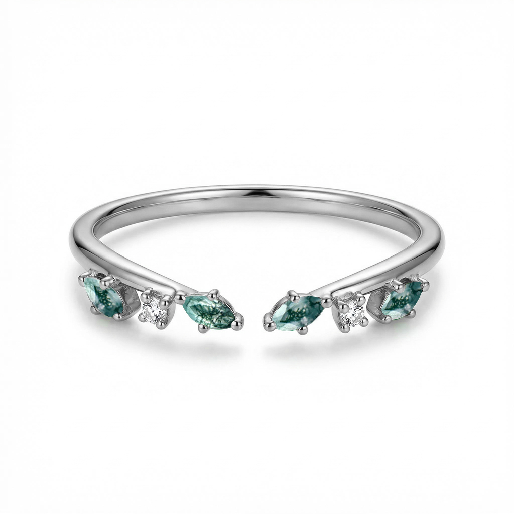 0.2CT Marquise Cut Moss Agate & Round Cut Moissanite S925 Silver Wedding Band