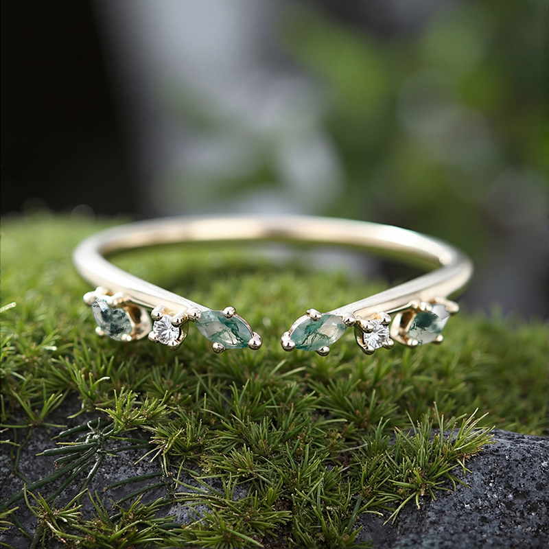 0.2CT Marquise Cut Moss Agate & Round Cut Moissanite S925 Silver Wedding Band