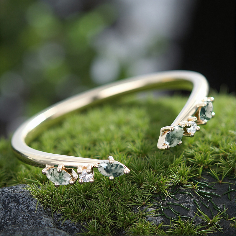 0.2CT Marquise Cut Moss Agate & Round Cut Moissanite S925 Silver Wedding Band