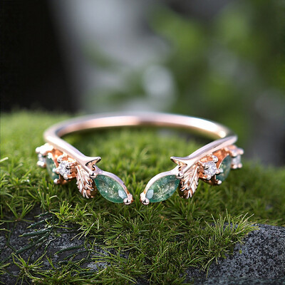 0.225CT Marquise Cut Moss Agate & Round Cut Moissanite S925 Silver Wedding Band