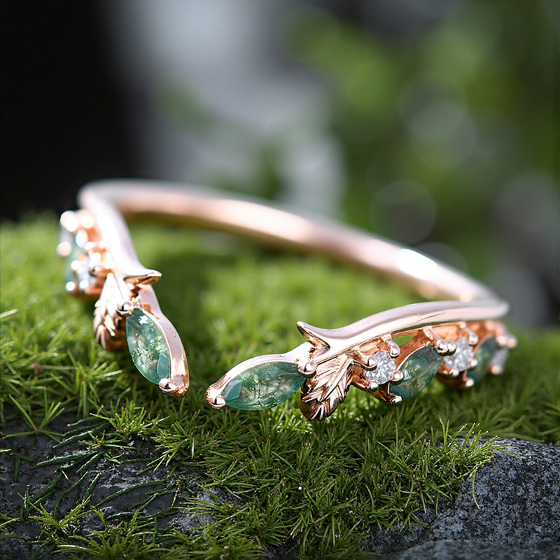 0.225CT Marquise Cut Moss Agate & Round Cut Moissanite S925 Silver Wedding Band