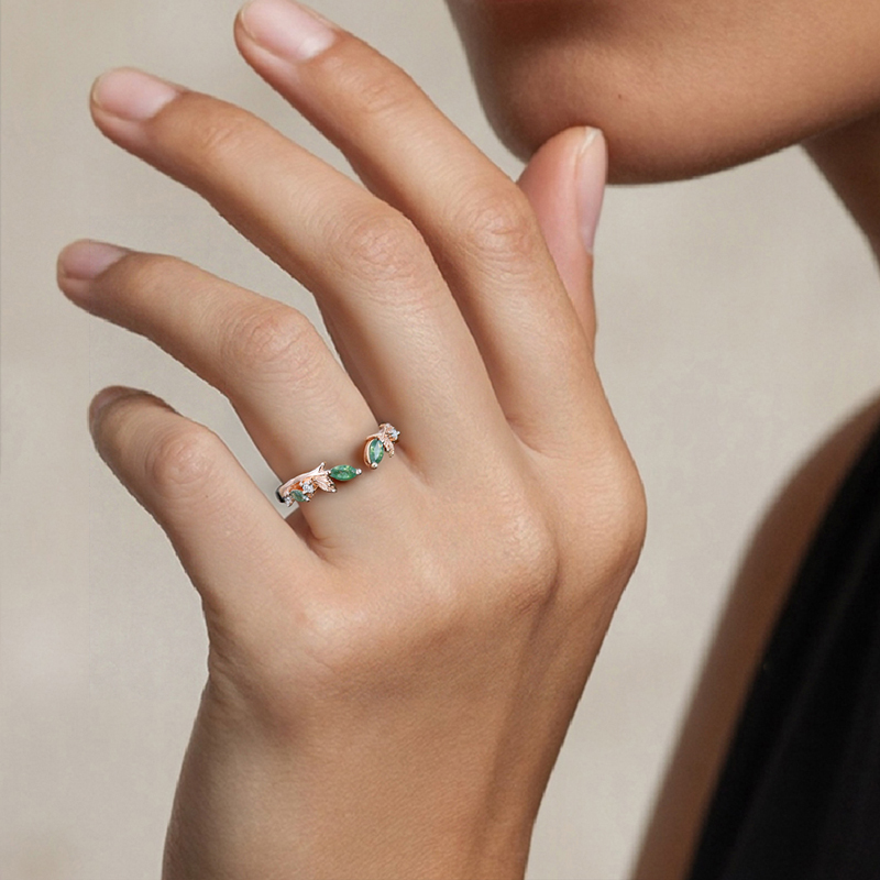 0.225CT Marquise Cut Moss Agate & Round Cut Moissanite S925 Silver Wedding Band