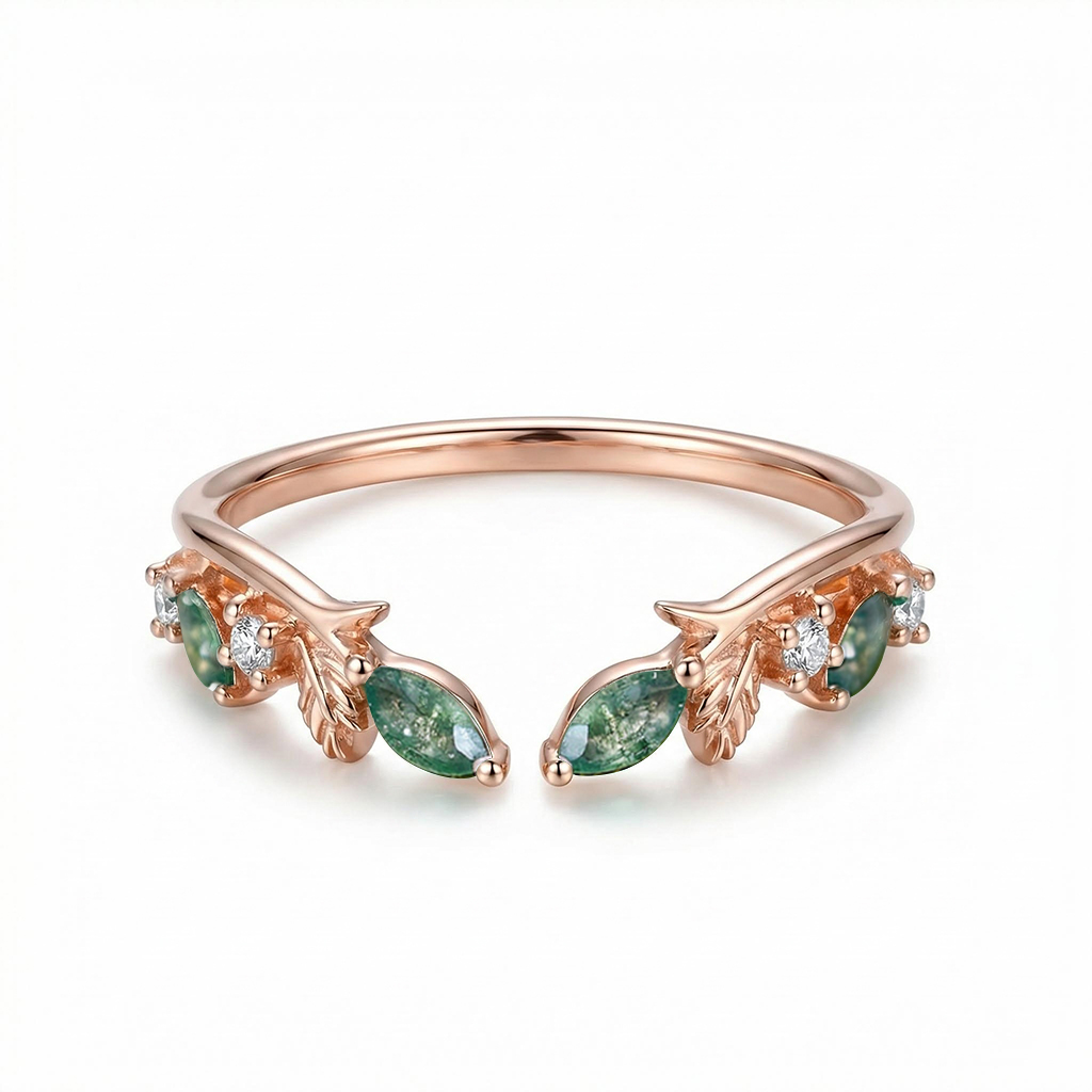 0.225CT Marquise Cut Moss Agate & Round Cut Moissanite S925 Silver Wedding Band