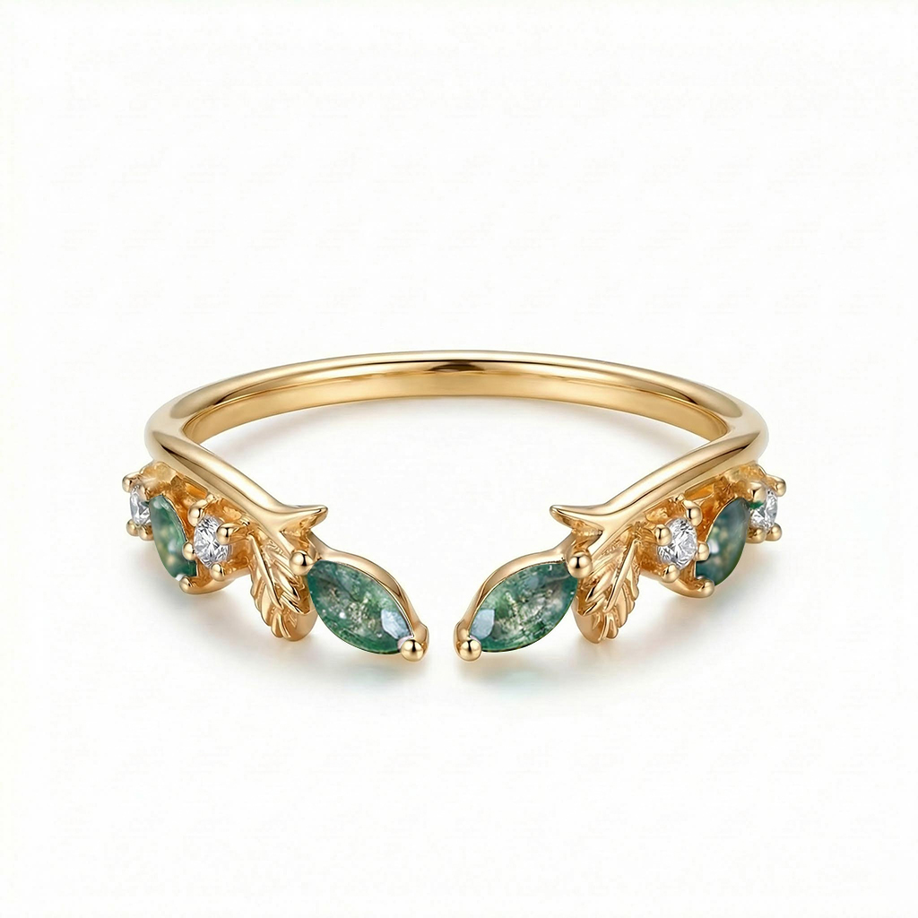 0.225CT Marquise Cut Moss Agate & Round Cut Moissanite S925 Silver Wedding Band