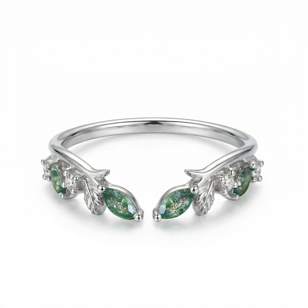 0.225CT Marquise Cut Moss Agate & Round Cut Moissanite S925 Silver Wedding Band