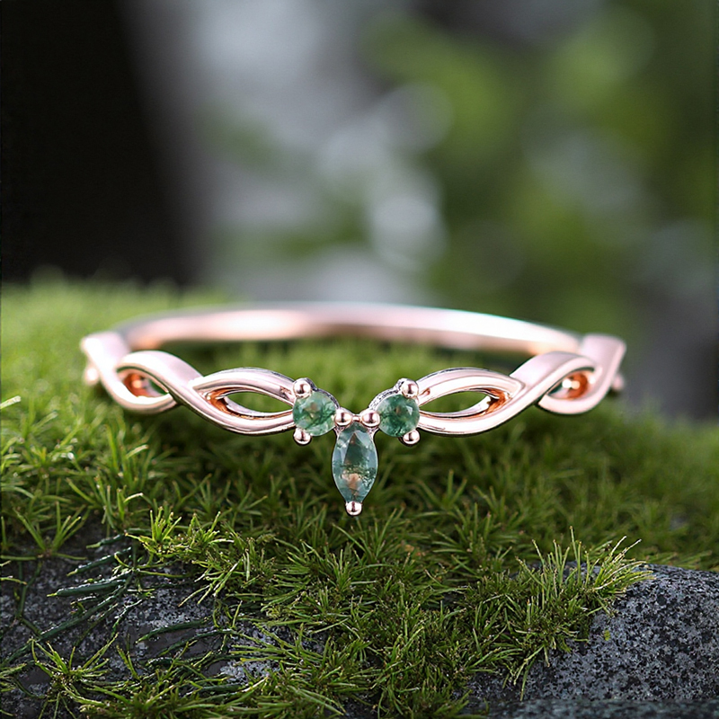 0.06CT Marquise Cut & Round Cut Moss Agate S925 Silver Engagement Ring