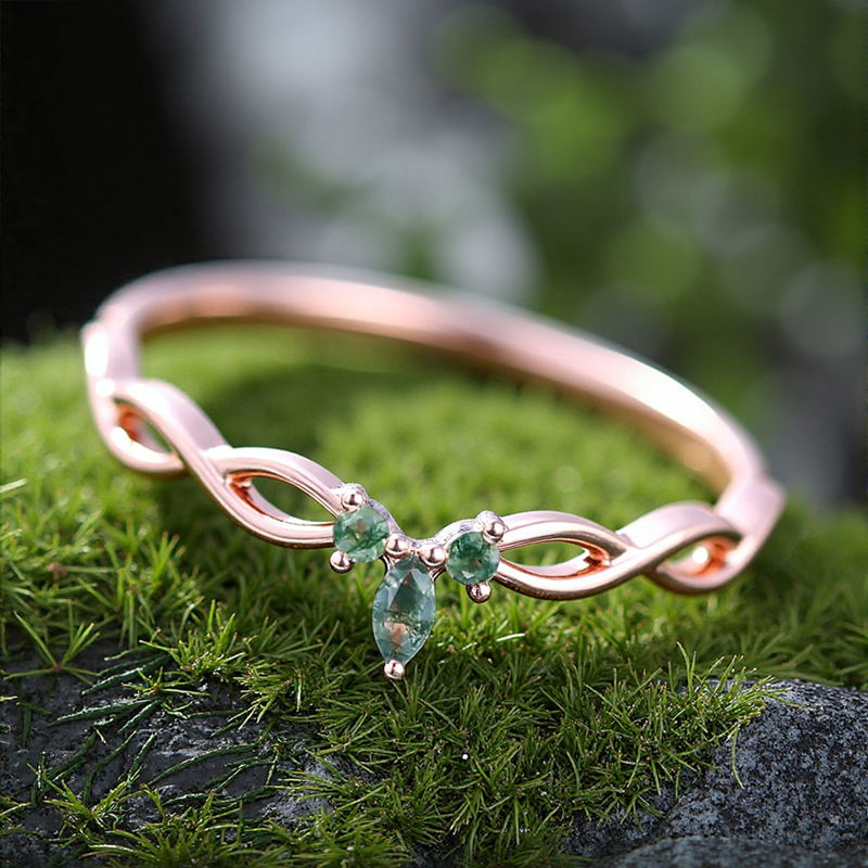 0.06CT Marquise Cut & Round Cut Moss Agate S925 Silver Engagement Ring