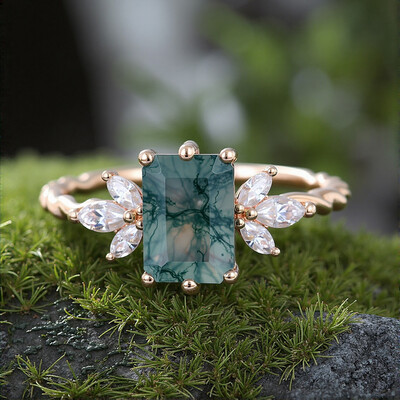 1.74CT Emerald Cut Moss Agate & Marquise Cut Moissanite S925 Silver Twisted Band Engagement Ring