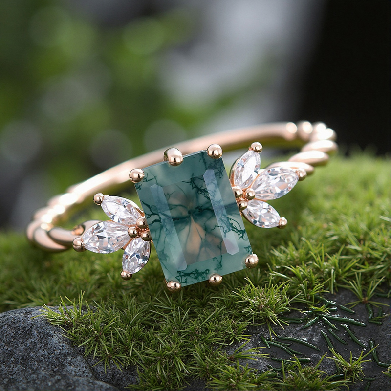 1.74CT Emerald Cut Moss Agate & Marquise Cut Moissanite S925 Silver Twisted Band Engagement Ring