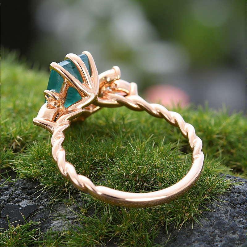 1.74CT Emerald Cut Moss Agate & Marquise Cut Moissanite S925 Silver Twisted Band Engagement Ring