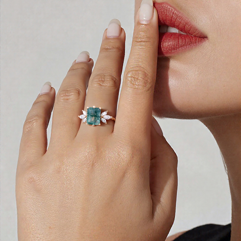 1.74CT Emerald Cut Moss Agate & Marquise Cut Moissanite S925 Silver Twisted Band Engagement Ring