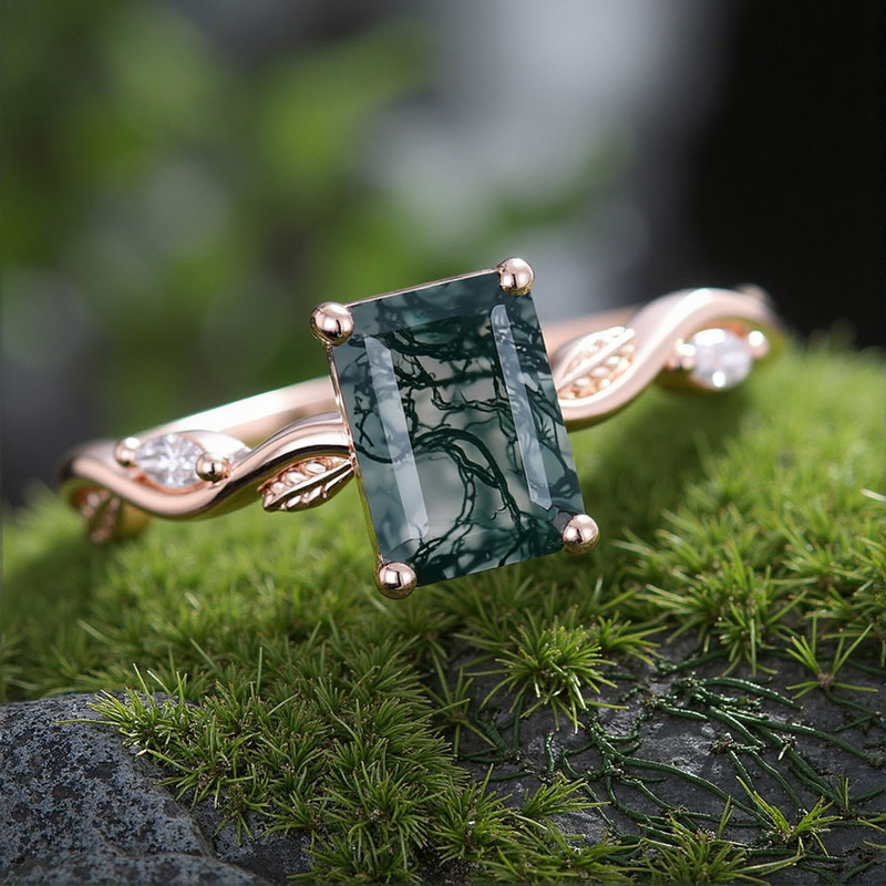 1.56CT Leafwave Emerald Cut Moss Agate S925 Silver Nature Inspired Promise Engagement Ring