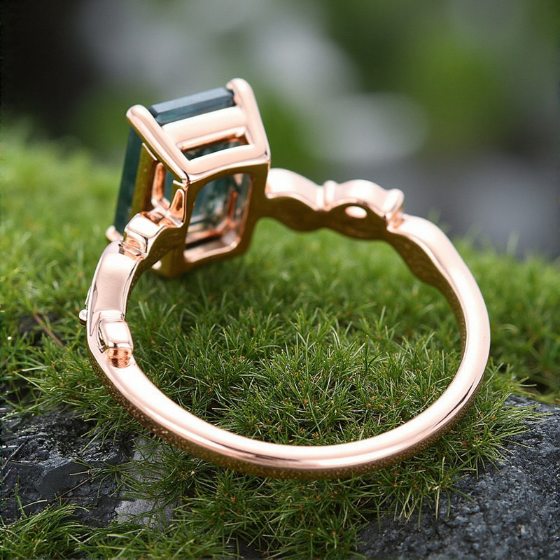1.56CT Leafwave Emerald Cut Moss Agate S925 Silver Nature Inspired Promise Engagement Ring