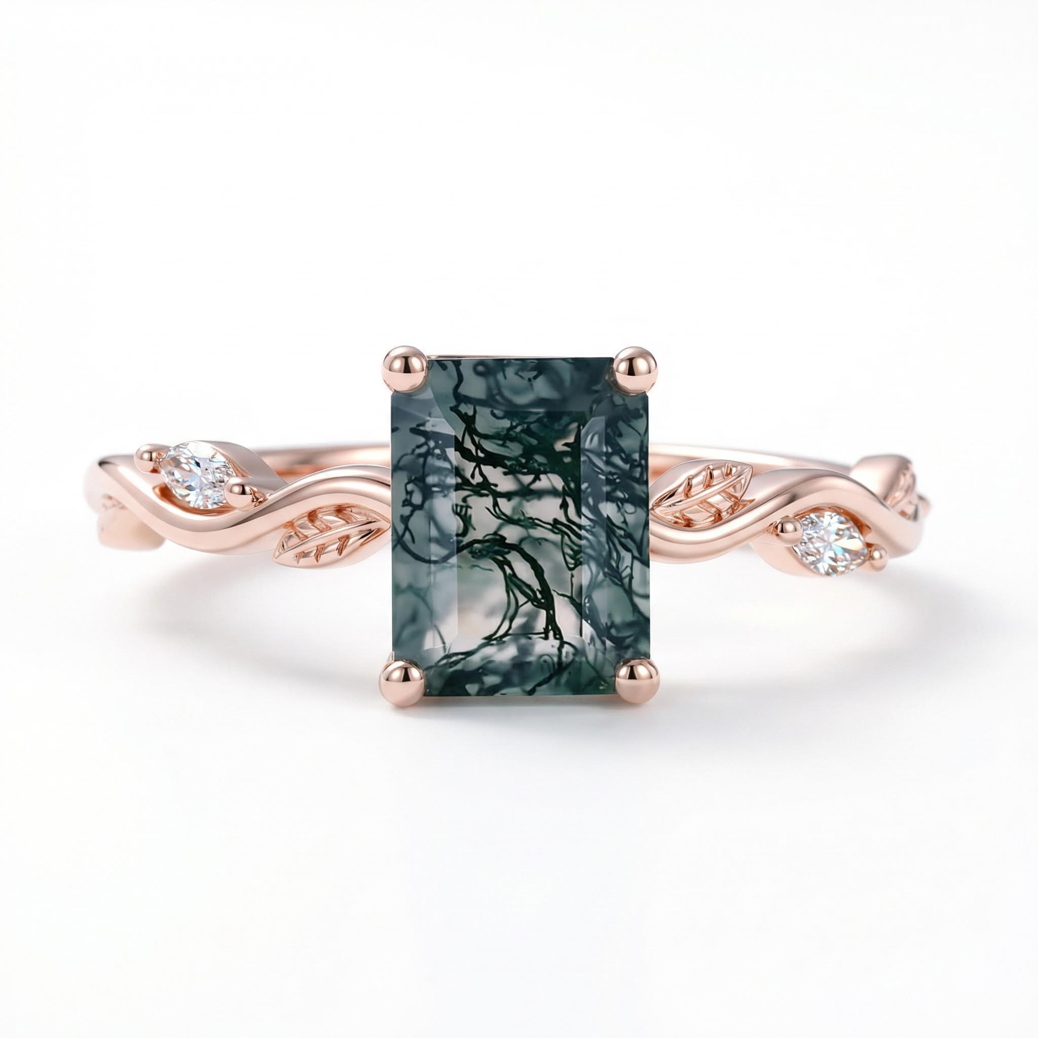 1.56CT Leafwave Emerald Cut Moss Agate S925 Silver Nature Inspired Promise Engagement Ring