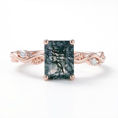 1.56CT Leafwave Emerald Cut Moss Agate S925 Silver Nature Inspired Promise Engagement Ring