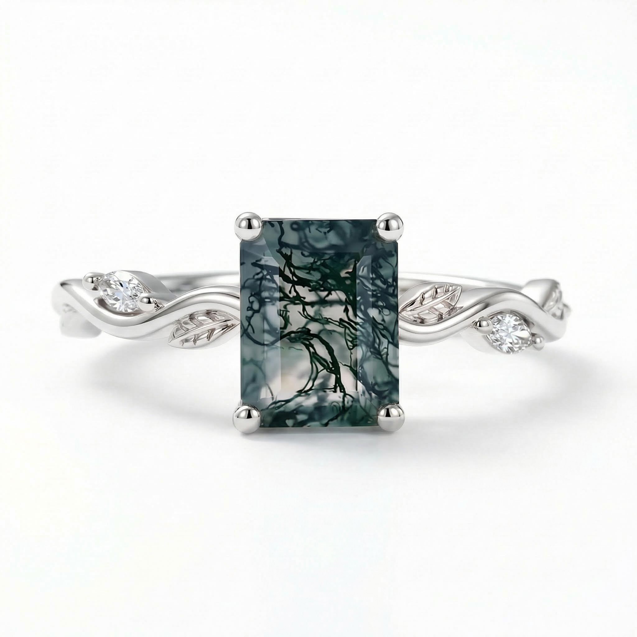 1.56CT Leafwave Emerald Cut Moss Agate S925 Silver Nature Inspired Promise Engagement Ring