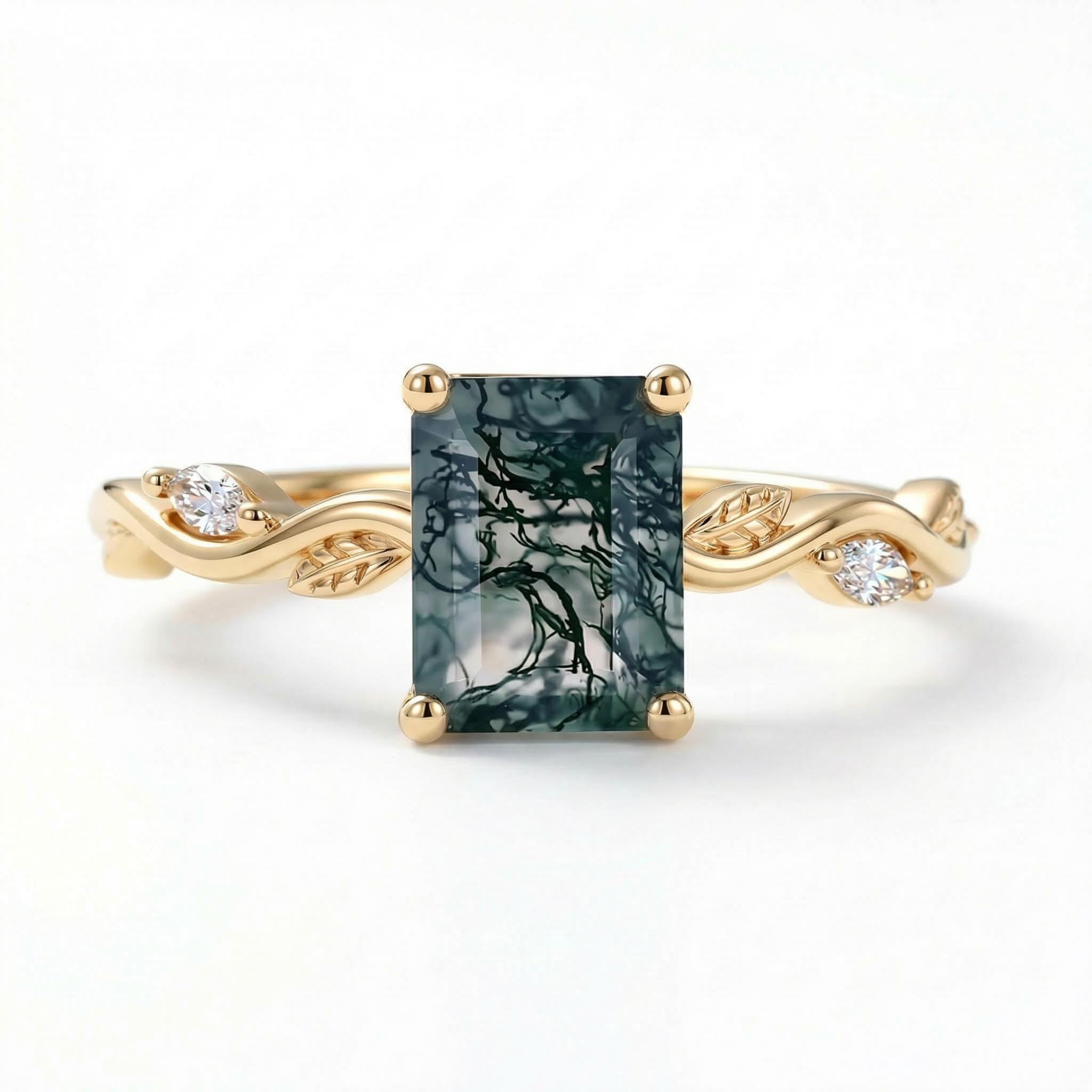 1.56CT Leafwave Emerald Cut Moss Agate S925 Silver Nature Inspired Promise Engagement Ring