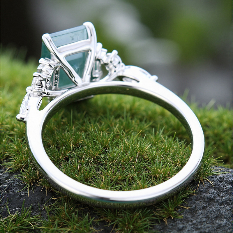 1.84CT Emerald Cut Moss Agate & Round Cut Moissanite S925 Silver Engagement Ring