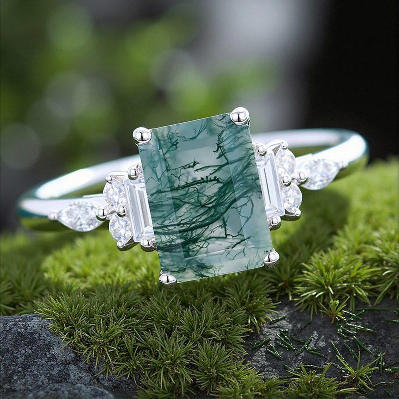 1.84CT Emerald Cut Moss Agate & Round Cut Moissanite S925 Silver Engagement Ring