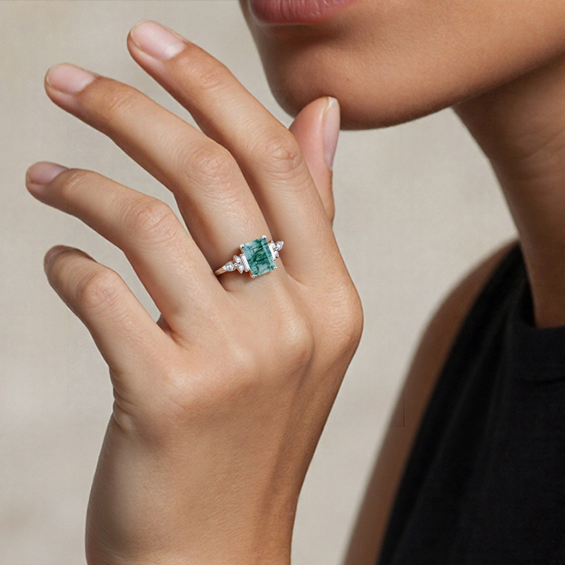 1.84CT Emerald Cut Moss Agate & Round Cut Moissanite S925 Silver Engagement Ring