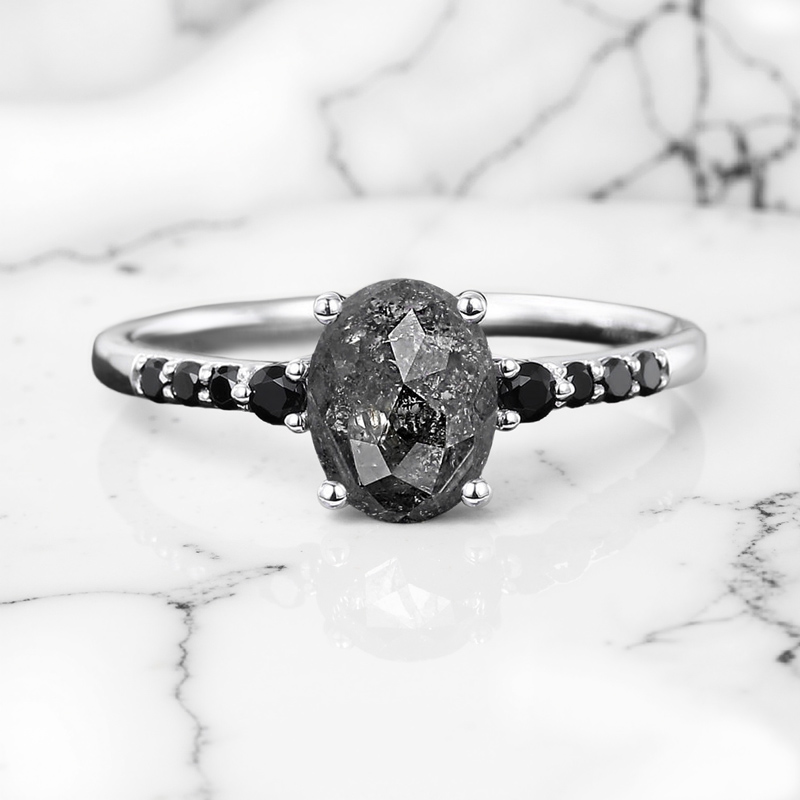 1.65CT Oval Cut Salt & Pepper Diamond With Black Moissanite S925 Silver Engagement Ring