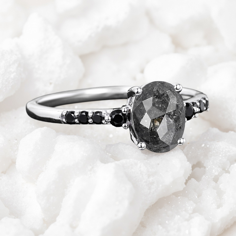 1.65CT Oval Cut Salt & Pepper Diamond With Black Moissanite S925 Silver Engagement Ring