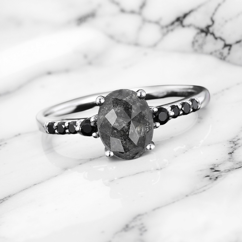1.65CT Oval Cut Salt & Pepper Diamond With Black Moissanite S925 Silver Engagement Ring