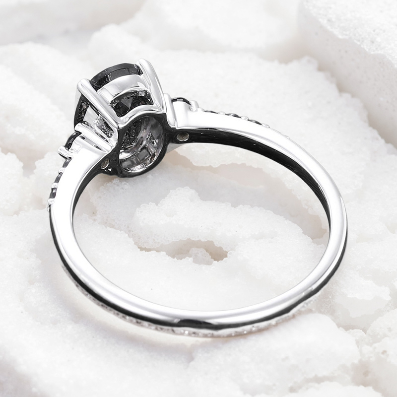 1.65CT Oval Cut Salt & Pepper Diamond With Black Moissanite S925 Silver Engagement Ring