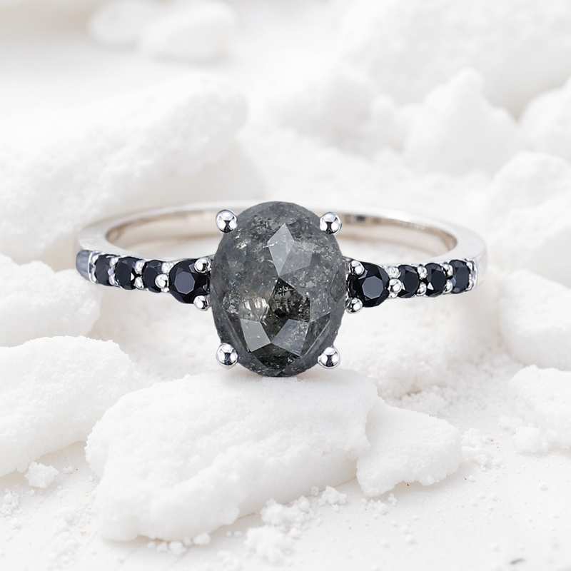 1.65CT Oval Cut Salt & Pepper Diamond With Black Moissanite S925 Silver Engagement Ring