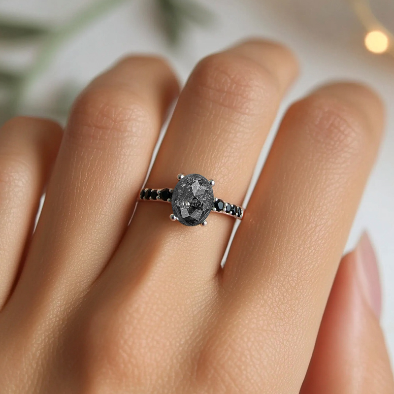 1.65CT Oval Cut Salt & Pepper Diamond With Black Moissanite S925 Silver Engagement Ring