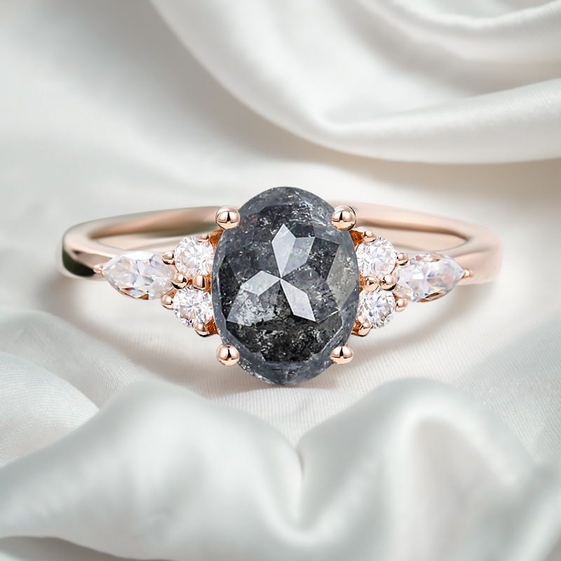 1.74CT Oval Cut Salt & Pepper Diamond With Round Cut Moissanite S925 Silver Engagement Ring