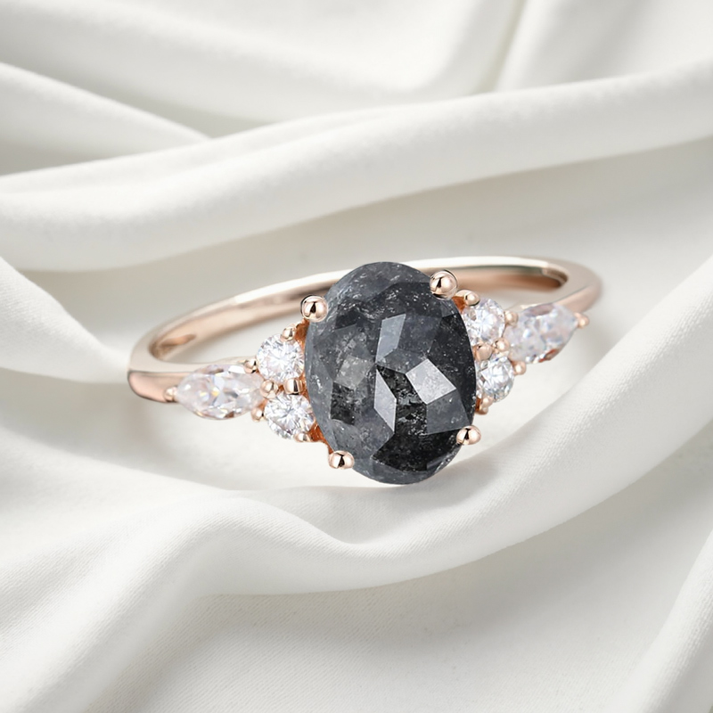 1.74CT Oval Cut Salt & Pepper Diamond With Round Cut Moissanite S925 Silver Engagement Ring