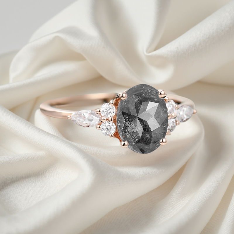 1.74CT Oval Cut Salt & Pepper Diamond With Round Cut Moissanite S925 Silver Engagement Ring