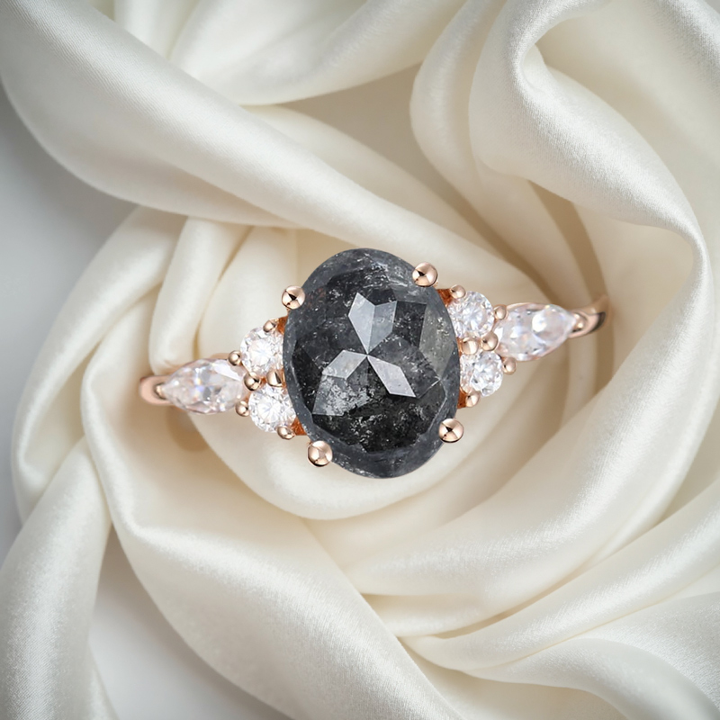 1.74CT Oval Cut Salt & Pepper Diamond With Round Cut Moissanite S925 Silver Engagement Ring