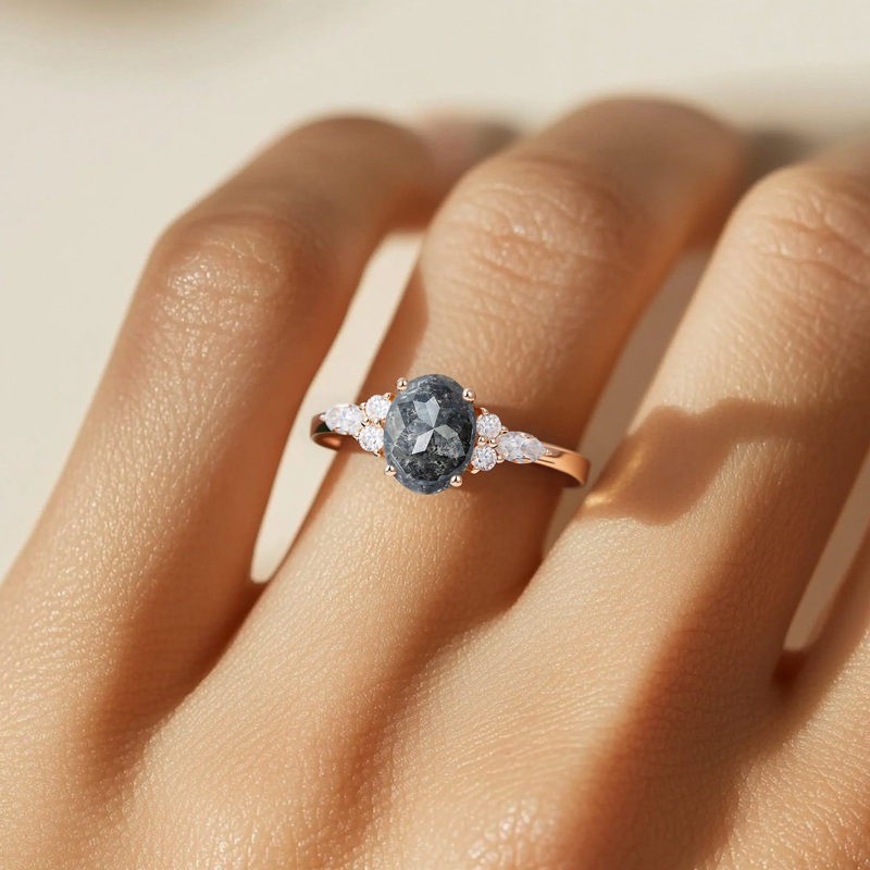 1.74CT Oval Cut Salt & Pepper Diamond With Round Cut Moissanite S925 Silver Engagement Ring