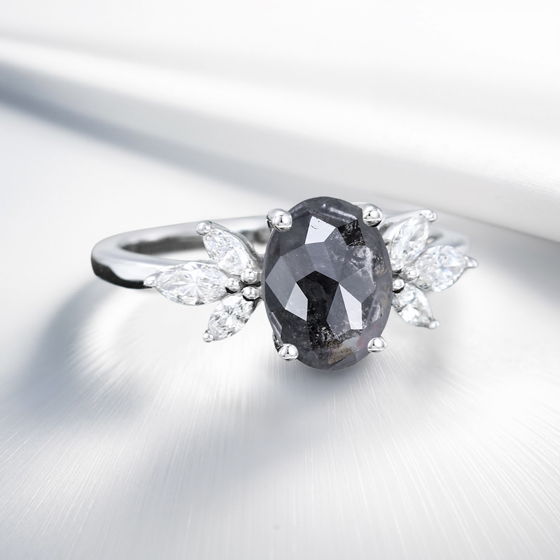 1.74CT Oval Cut Salt & Pepper Diamond Marquise Accented Promise S925 Silver Engagement Ring