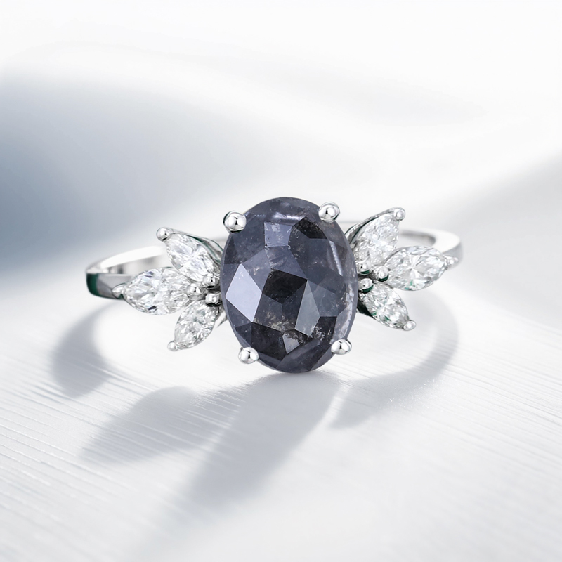 1.74CT Oval Cut Salt & Pepper Diamond Marquise Accented Promise S925 Silver Engagement Ring
