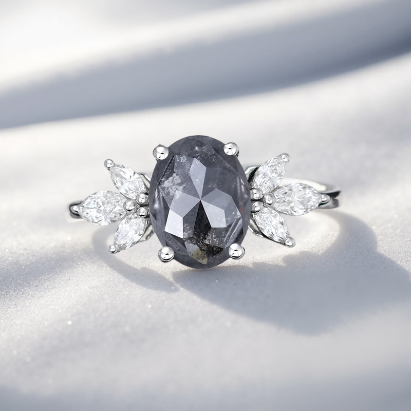 1.74CT Oval Cut Salt & Pepper Diamond Marquise Accented Promise S925 Silver Engagement Ring