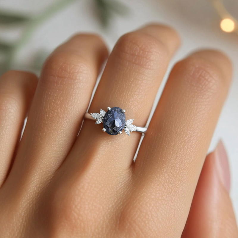 1.74CT Oval Cut Salt & Pepper Diamond Marquise Accented Promise S925 Silver Engagement Ring