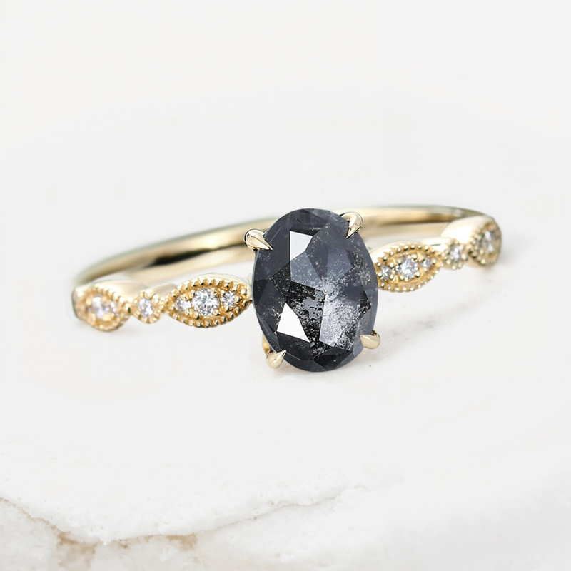 1.69CT Oval Cut Salt & Pepper Diamond Milgrain Design Promise S925 Silver Engagement Ring